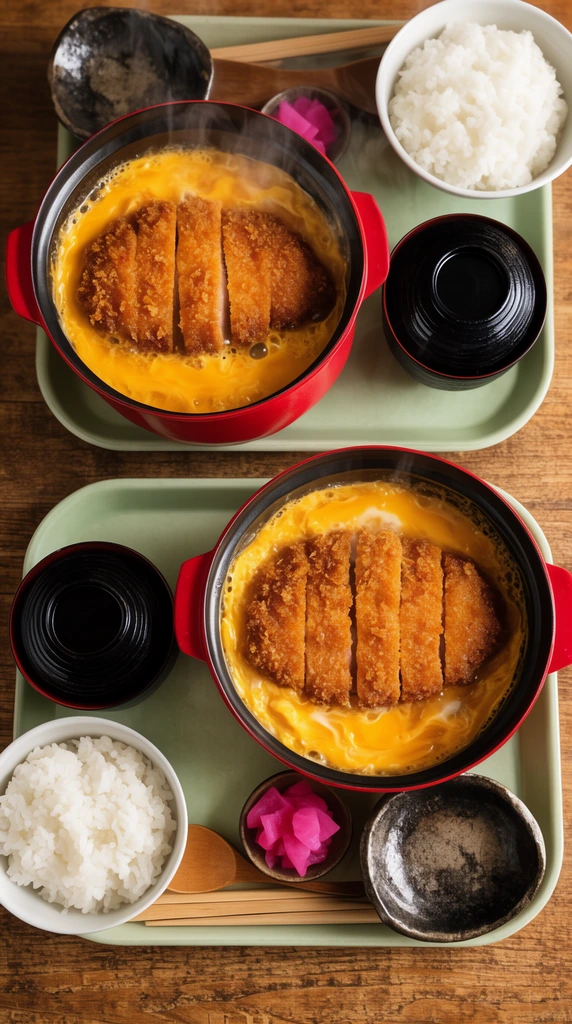 Viewed from above, two Japanese meal sets rest on a textured wooden table. Each pale green tray holds a steaming red pot of breaded pork cutlet simmering in golden egg, flanked by white rice, a black lacquer bowl, pink pickled vegetables, a rustic dark dish, and wooden utensils under warm lighting.