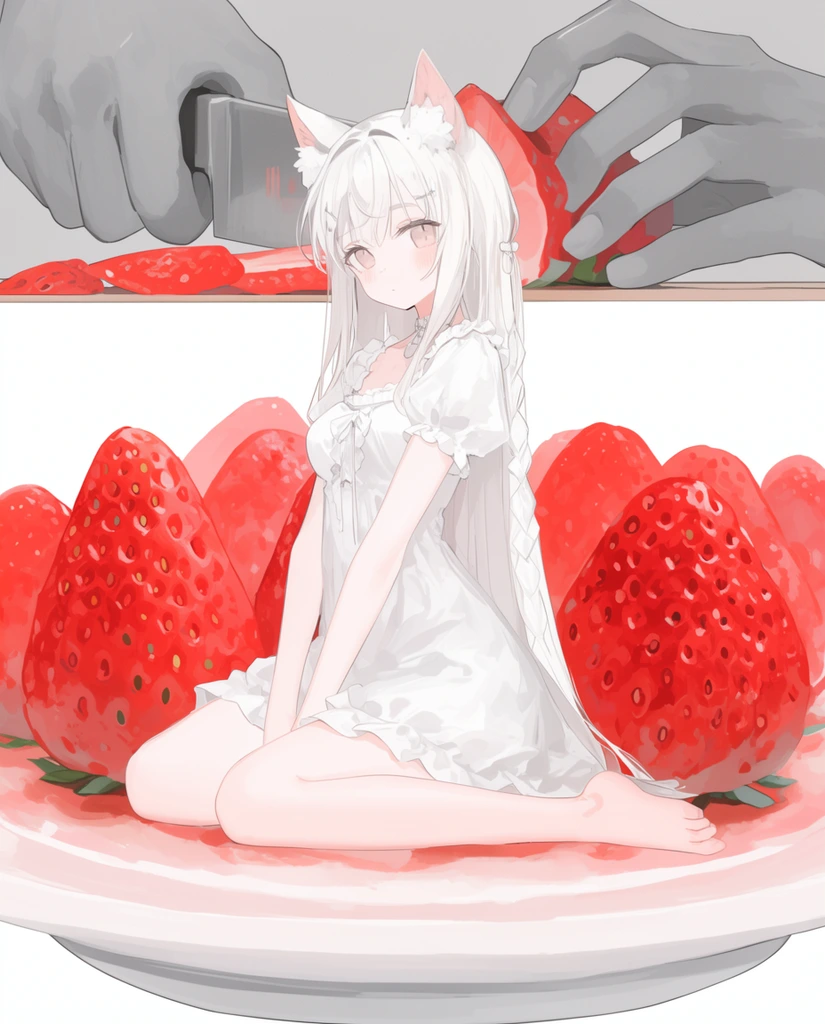 anime girl with white hair and animal ears sitting on a giant plate, white ruffled dress, oversized strawberries, background panel of grey hands slicing fruit, soft red and white palette