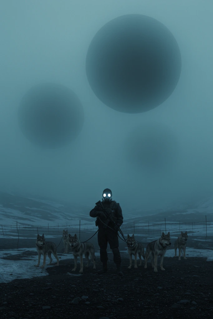 A cinematic wide shot of a desolate dystopian landscape shrouded in thick blue fog. A lone figure in a dark tactical suit and gas mask with glowing white eyepieces stands centrally holding a rifle, accompanied by five wolf-like dogs on leashes on dark rocky ground. A low wire fence stretches horizontally behind them across barren, snow-patched terrain. Three massive shadowy spheres loom in the foggy sky above. The scene features a monochromatic cool teal palette, diffused lighting, and an eerie atmospheric depth.