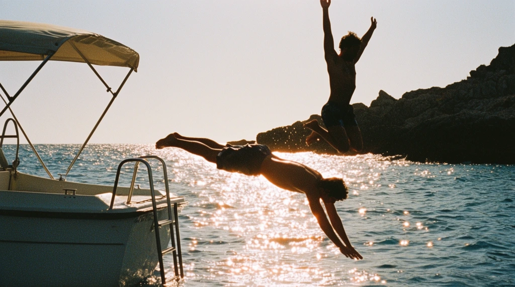 Two figures mid-air jumping from a boat into shimmering water, one diving headfirst, one leaping upwards with arms raised, backlit semi-silhouettes, sparkling sun glare on the surface, white boat hull with metal ladder and canvas canopy, dark rocky shoreline, bright pale sky, vintage film photography, heavy grain, high contrast warm sunlight
