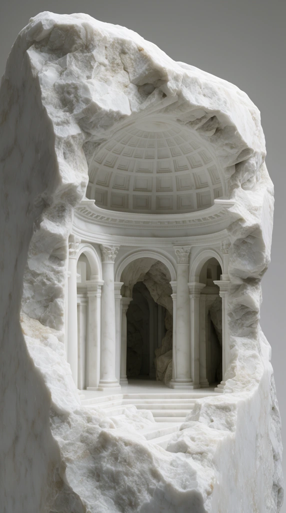 A miniature classical interior intricately carved into a rough block of white marble. The sculpture reveals precise arched doorways, columns, and a coffered dome through jagged rock openings. Diffused lighting highlights the stark contrast between the raw stone exterior and the polished architectural caverns hidden within, set against a solid gray background.