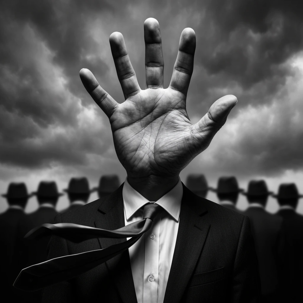 Surreal monochromatic composition, man in dark suit and white shirt, loose tie blowing in wind, head replaced by a massive human hand, palm facing forward with fingers splayed wide, intricate skin texture, dramatic cloudy sky background, blurred repeating row of silhouetted men in suits and fedora hats, high contrast grayscale, eerie dreamlike atmosphere, strong shadows