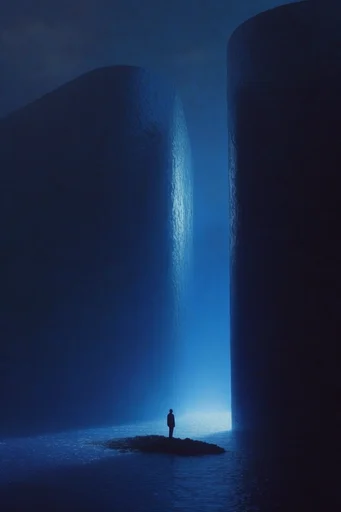 Monochromatic Cobalt Surrealism style reference image — solitary silhouette