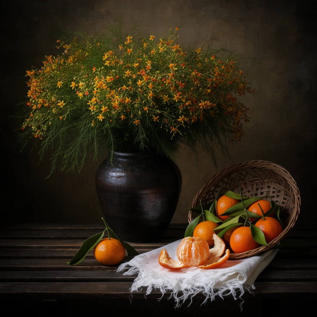 Moody still life, dark ceramic vase overflowing with tiny yellow and orange blossoms and feathery green foliage, slatted wooden table, tipped woven basket spilling bright oranges with leaves, peeled mandarin on fringed white linen, textured dark background, dramatic chiaroscuro lighting, earthy color palette, fine art photography