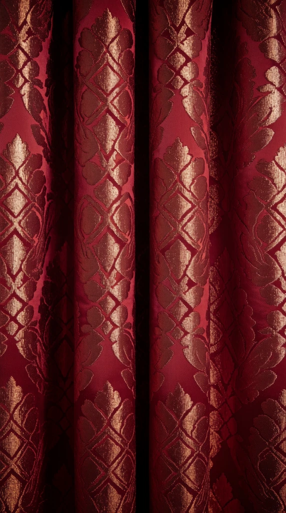 Close-up macro photograph of heavy crimson fabric hanging in deep vertical folds. The textile features a repeating, raised damask pattern woven with reflective copper-toned threads. Crisp metallic highlights on the convex pleats contrast with dark shadows in the crevices, emphasizing the symmetrical geometric motifs and visible woven texture in a tight, full-frame composition.