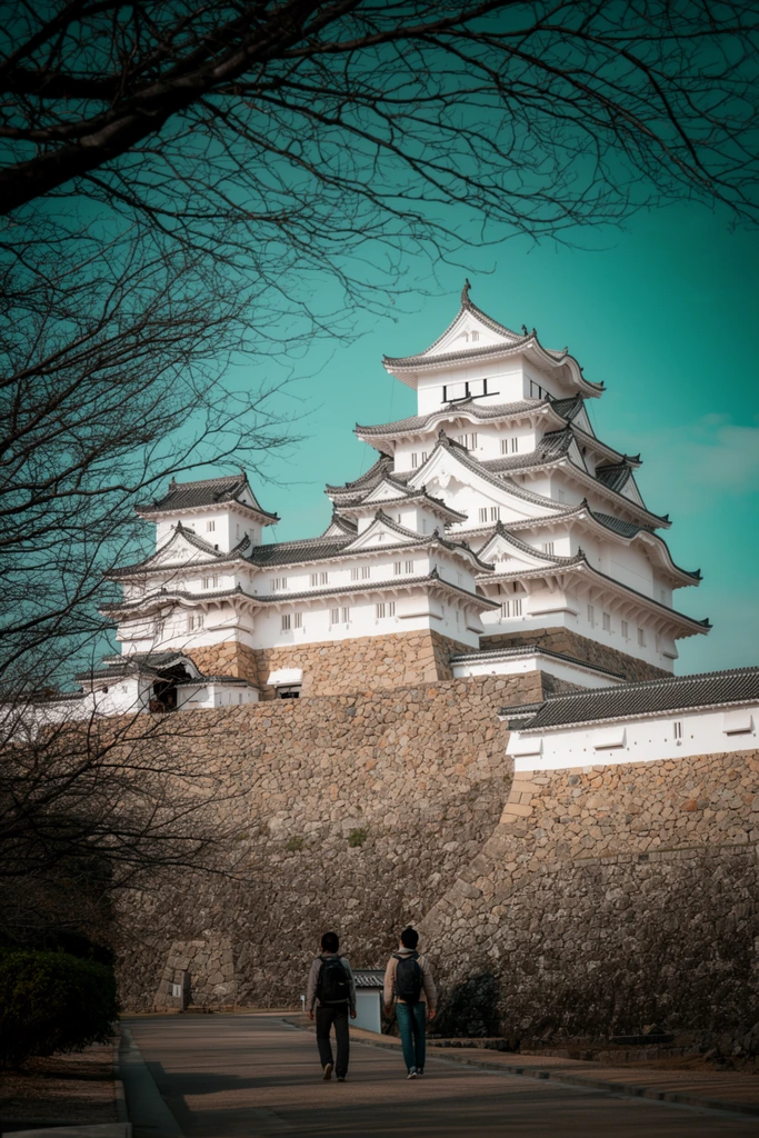 A colossal traditional Japanese castle with a brilliant white, multi-tiered keep and sweeping dark grey tiled roofs rises against a vibrant teal sky. The fortress sits atop a massive, sloping foundation of rough-hewn stone blocks, flanked by smaller white guardhouses along the perimeter. Below, two figures with backpacks walk along a paved path toward the imposing stone base, highlighting the immense architectural scale. Bare, dark tree branches frame the left and upper edges, creating a dramatic natural vignette. Crisp sunlight illuminates the pristine plaster and casts deep shadows across the highly textured stonework.