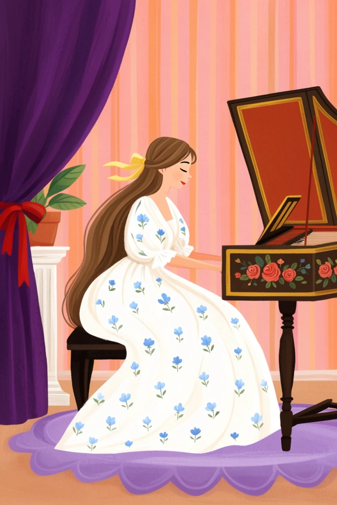 A whimsical storybook illustration of a serene young woman playing an ornate dark wood harpsichord decorated with painted roses. The woman features long flowing brown hair tied with a yellow ribbon and wears a voluminous white gown dotted with delicate blue flowers. She sits on a dark stool upon a scalloped purple rug. The room is decorated with soft pink and orange vertically striped wallpaper. A draped deep purple curtain tied with a red ribbon frames the left side, revealing a white pedestal holding a potted plant. The 2D artwork utilizes soft textures, flat shading, and a warm pastel color palette.