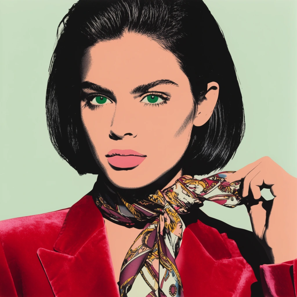 pop art silkscreen portrait of a striking young woman, sharp cheekbones, slicked-back raven bob, adjusting a patterned silk scarf around her neck, wearing a bright crimson velvet blazer, high-contrast photographic halftone shadows, flat uniform areas of peachy skin tone color, vivid emerald green eyes, stark graphic outlines, pale mint green background, screen-printed aesthetic, flat unshaded color blocking, vintage pop art style, close-up crop