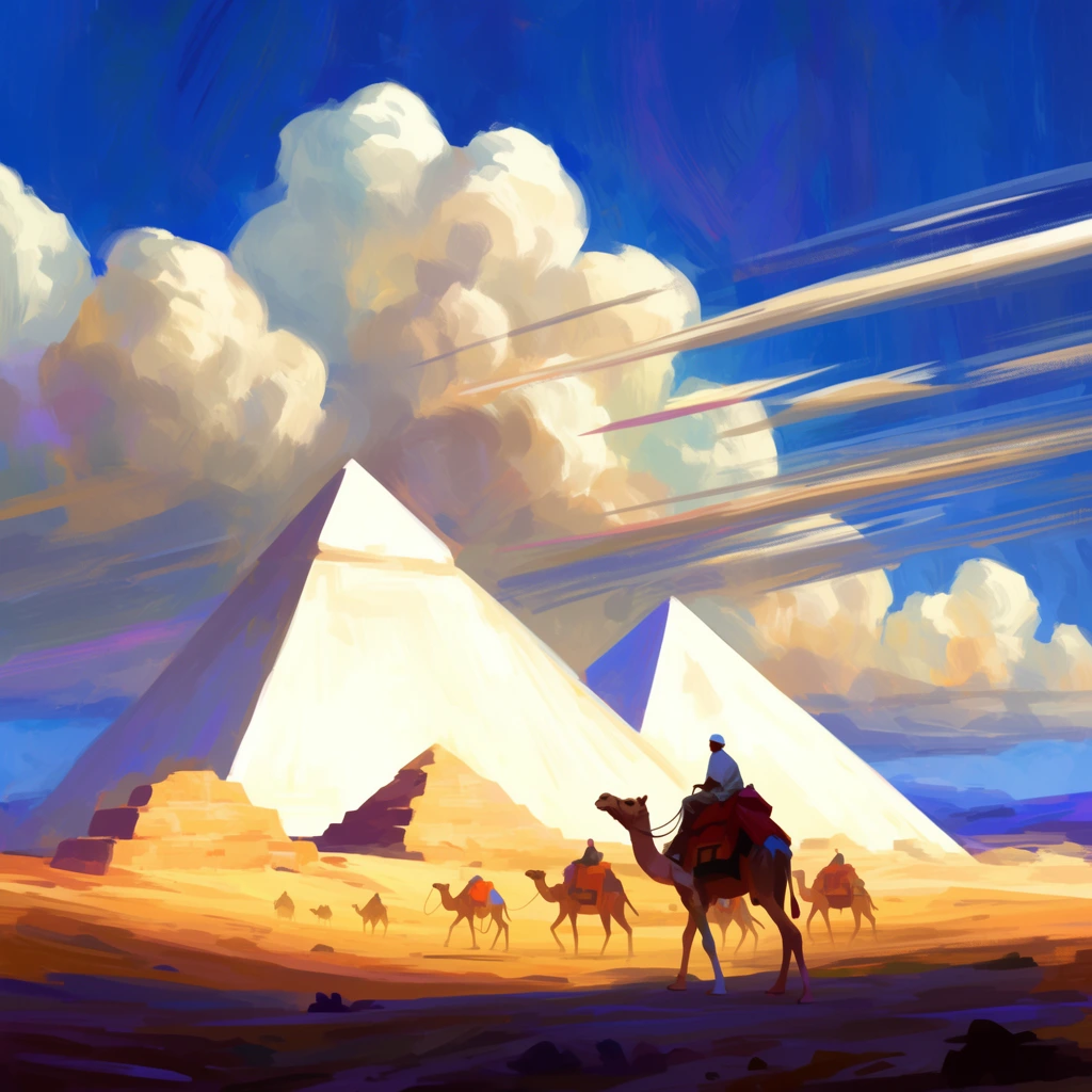 Stylized digital painting of a desert caravan, figure riding a camel leading others across the foreground, massive glowing white pyramids in the background, towering billowing cumulus clouds, vibrant blue sky, dramatic horizontal wind streaks, warm golden sunlight, purple and deep blue shadows, thick impressionistic brushstrokes, epic scale