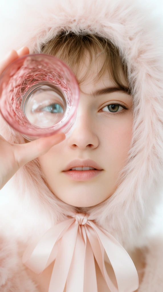 Close-up portrait of a young woman in a fluffy pale pink faux-fur hood tied with a ribbon. She holds a translucent pink textured glass over one eye, creating a distorted magnification. High-key lighting, shallow depth of field, and soft pastel tones against a bright white background.