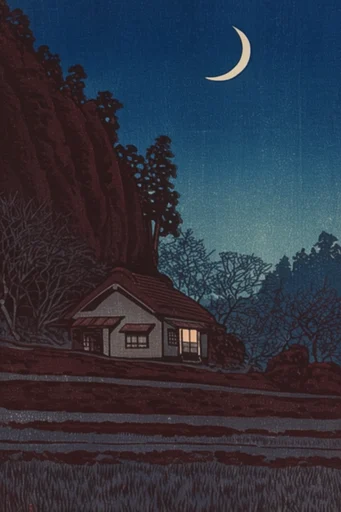 Atmospheric Shin-Hanga Nocturnes style reference image — indigo and prussian blue palette
