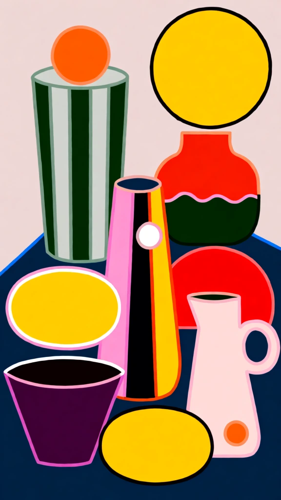 A vibrant pop-art painting displays a stylized still life of assorted drinkware and fruit shapes characterized by flat planes of saturated color and thick, multi-colored outlines. On the left side of the composition, a tall, vertically ribbed glass featuring green and grey stripes is topped with a large orange sphere. Directly below it sits a bright yellow oval shape. To the far left bottom corner, a deep purple bowl with a trapezoidal profile is defined by a thin pink and white border. Centrally located is a tall, tapered vessel divided into distinct vertical sections of pink, black, and yellow. To the right of this vessel, another yellow oval rests near a light pink pitcher that has a rounded handle and a small orange circle near its base. Above the pitcher, a rounded container is split horizontally into a red top half and a dark green bottom half by a wavy pink line. A solid yellow circle with a thick black outline is positioned in the upper right corner. These objects are situated on a large, dark blue diagonal plane that acts as a surface, while the remaining background area is a flat, pale pinkish-beige. The composition is a two-dimensional arrangement that avoids traditional depth and shading, relying instead on hard edges and bold color blocks to define form. Every shape is enclosed by thin, distinct lines of varying colors, including white, pink, and light blue. The perspective is entirely frontal, and the lighting is uniform across the entire canvas, creating a graphic, non-representational aesthetic.
