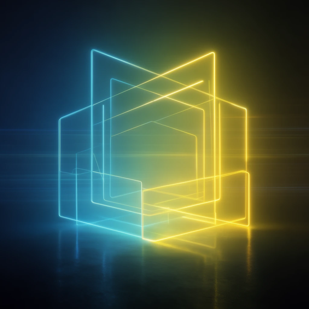 glowing neon geometric outlines, dual-tone transition from cyan to bright yellow, thin luminous wireframe structures, faint horizontal light streaks, dark atmospheric background, subtle glossy reflections on a smooth dark floor