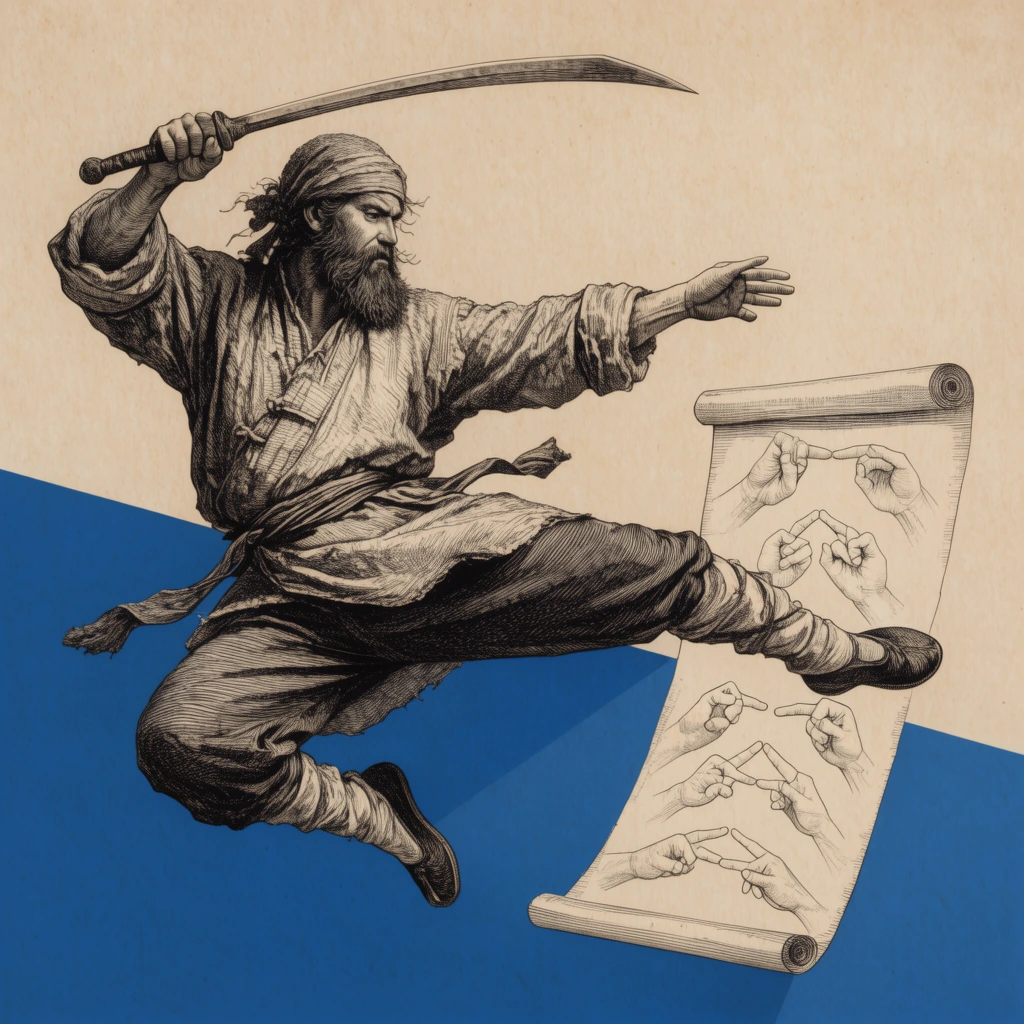 A long-bearded man in rustic clothing performs a mid-air flying kick with a curved sword, rendered in precise cross-hatch ink etching. He floats above a textured tan paper background intersecting a solid blue geometric shape. Beside him, an unrolled scroll displays fine line drawings of hands forming intricate gestures. The composition contrasts classical engraving with high-energy action.