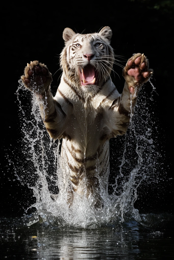 white tiger leaping vertically from dark water, mouth wide open, front paws raised high, massive water splash frozen in mid-air, wet fur, dramatic high-contrast lighting, glittering water droplets, pitch black background, high-speed wildlife photography