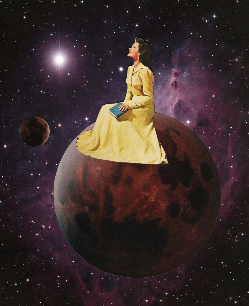 A woman in a floor-length vintage yellow gown sits atop a large, textured reddish-brown planet within a vast, star-filled cosmic environment. The woman is positioned in profile, facing left and gazing upward with a calm expression. Her dark hair is styled in a mid-20th-century fashion, and she wears a long-sleeved, collared dress that drapes across the curved surface of the planet. On her lap, she holds a small, closed blue book with her right hand. The planet she sits upon is a large, pockmarked sphere with a mottled dark red and brown surface, appearing in the center of the frame. To her left, a smaller, dark brown celestial body floats in the distance. The background consists of a deep purple and black nebula, densely populated with small white stars of varying brightness. A single, large, glowing white star with a soft flare is located in the upper left quadrant of the scene. The image is a surrealist collage with a vintage aesthetic, characterized by sharp-edged cutouts, a grainy texture, and high-contrast lighting that illuminates the woman from the front while leaving the bottom of the planet in deep shadow.