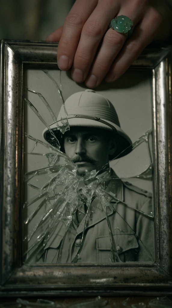 framed black-and-white photograph of a Victorian explorer wearing a pith helmet, tarnished silver picture frame lying flat, heavily shattered glass obscuring the portrait, sharp jagged glass shards catching dramatic highlights, pale hand resting on the top edge, intricate jade ring on the finger, moody atmospheric lighting, tight close-up, shallow depth of field, vintage cinematic film grain