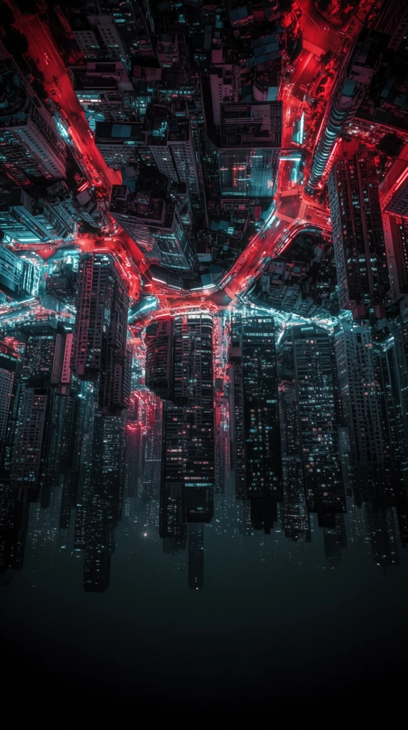 inverted nighttime cityscape, dense skyscrapers hanging upside down from the upper frame, neon red and cool cyan lighting, glowing streets winding through complex urban architecture above, dark building silhouettes fading into a black void below, countless illuminated windows, surreal gravity-defying perspective, high contrast cyberpunk aesthetic, flipped aerial photography