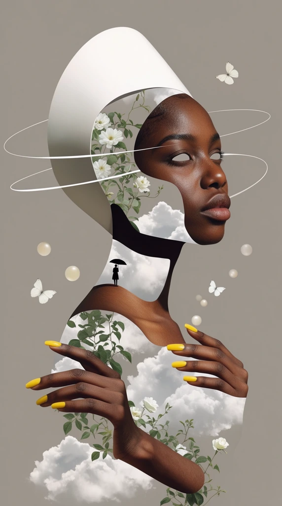 surreal digital collage of a fragmented Black woman in profile, facial and torso cutouts revealing an interior of white clouds, stark white curved headpiece, blank eyes, thin white orbital rings circling the head, green vines and white flowers weaving through hollow gaps, white butterflies, disembodied hands with bright yellow fingernails, tiny black silhouette of a figure with an umbrella on the neck edge, floating light orbs, flat warm grey background, precise clean cutouts, smooth textures, afrofuturism