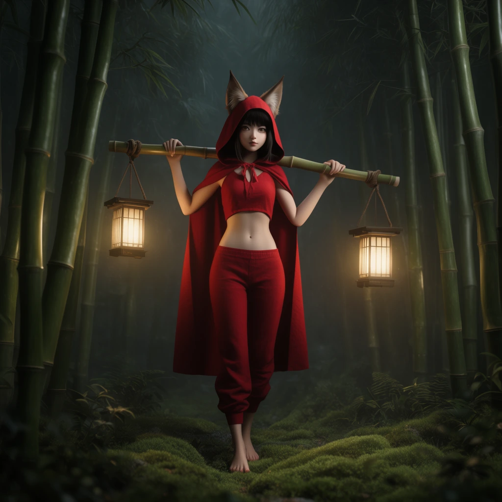 young woman in red hooded cape with pointed animal ears, red crop top and pants, bare feet, carrying a bamboo yoke across shoulders with glowing lanterns on ends, standing in a dark misty bamboo forest, thick green stalks, mossy ground illuminated by lantern light, dark fantasy aesthetic, atmospheric cinematic lighting, 3D render