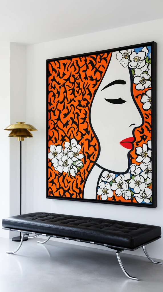 A minimalist interior featuring a massive framed pop-art painting of a stylized face profile alongside vivid orange patterns and white blossoms. Beneath it rests a black tufted leather daybed supported by curved chrome legs. A slender black floor lamp with a tiered brass shade stands on a smooth light grey floor against crisp white walls.