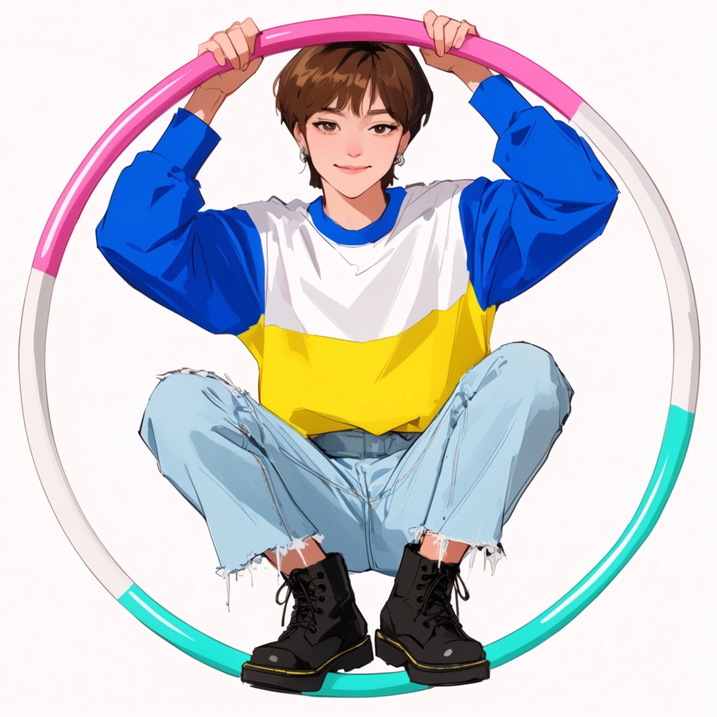 A digital illustration of a young person playfully posing inside a large pink, white, and teal hoop. The subject has short brown hair and wears a color-blocked top with bright blue sleeves, a white chest, and a yellow midsection. They crouch with bent knees, clad in light blue frayed jeans and black lace-up boots. Both hands grip the upper arc of the hoop, framing a subtle smile. The artwork utilizes crisp linework and bright, flat cel-shading against a solid white background.