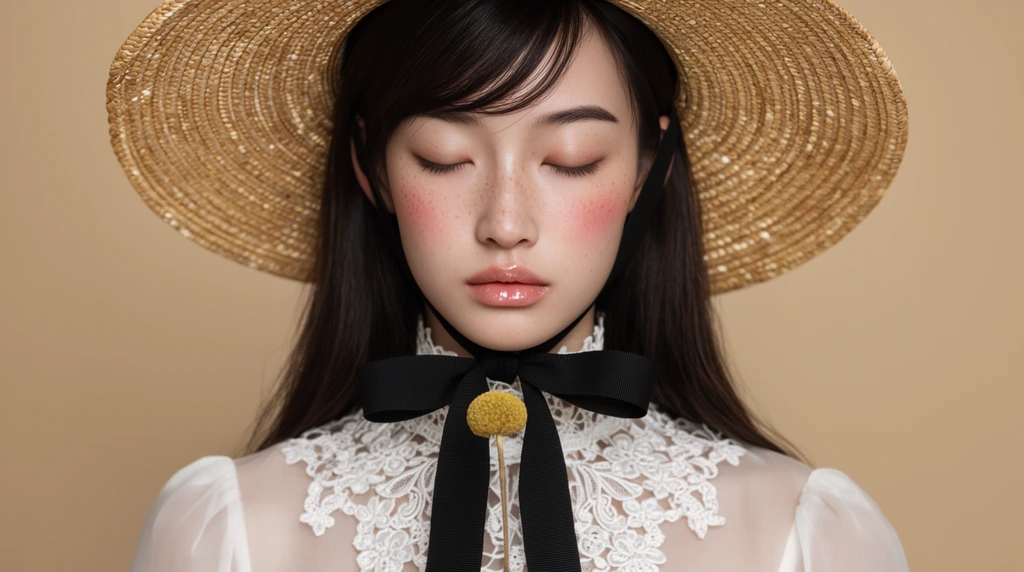 close-up beauty portrait of a young woman with closed eyes, long dark hair with side-swept bangs, pale skin with freckles and rosy blush, glossy lips, large woven straw hat tied under the chin with a thick black ribbon bow, sheer white blouse with an intricate high-neck floral lace collar, holding a thin dried yellow flower stem, solid warm beige background, soft diffused studio lighting, symmetrical framing, editorial fashion photography, photorealistic textures