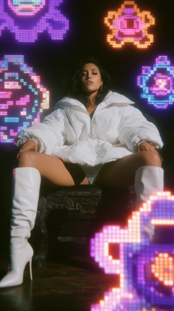 A woman in a bulky white jacket and tall white stiletto boots sits powerfully on a dark ornate chair. Glowing pixelated neon graphics in vibrant purple, pink, orange, and blue float throughout the foreground and dark background. The scene blends live-action photography with 8-bit digital overlays, featuring high contrast cinematic lighting and intense bloom radiating from the retro arcade-style light patterns. The subject stares directly ahead with a confident imposing posture.