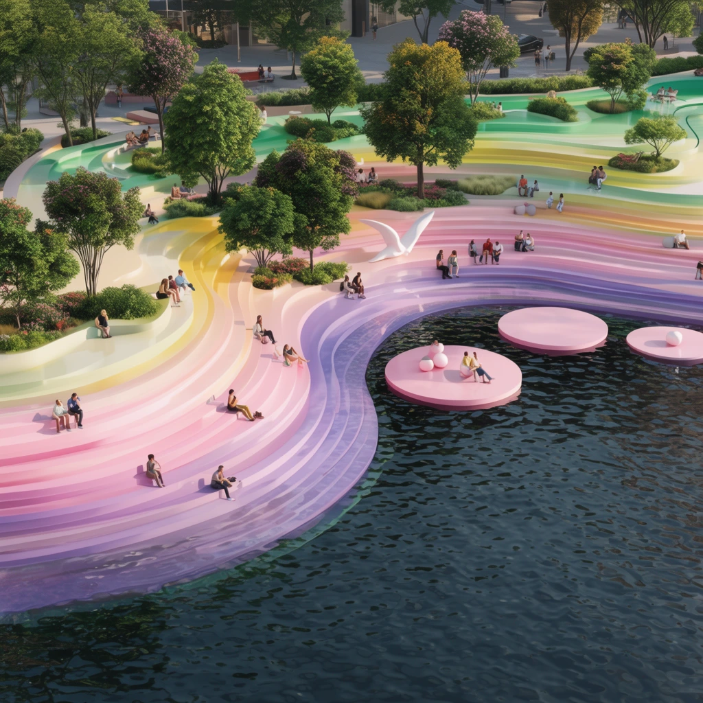Undulating waterfront terraces in pastel pink, purple, yellow, and green gradients descend into dark rippling water. People relax on the curved stepped topography featuring integrated lush trees, circular floating pink platforms, and a white bird statue. The elevated wide-angle architectural rendering showcases a vibrant, utopian urban landscape under bright sunlight.