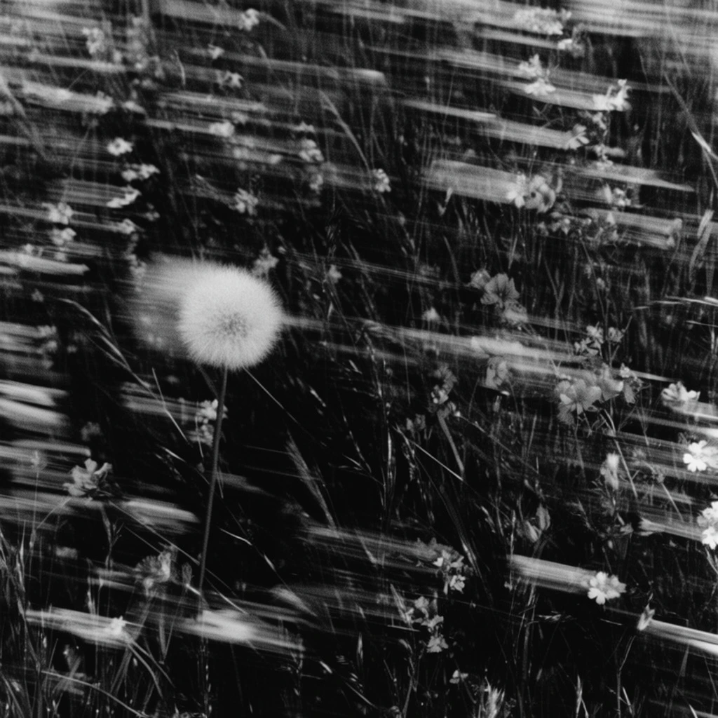 A prominent, single, round, fluffy seed head on a stem sits in the mid-left area, set against a dense field of tall grass that fills the entire frame alongside numerous interspersed small, varied flowers. The scene is rendered in stark, high-contrast black and white photography characterized by extreme horizontal motion blur. A slow shutter speed and rapid lateral panning technique convert the tall grass and scattered flowers into aggressive, elongated horizontal streaks of deep black shadow and bright white highlights stretching across the composition. Heavy film grain permeates the image, enhancing the raw, dynamic texture of the monochromatic palette. The intense directional smearing creates abstract, sweeping bands of grayscale across the environment, sharply emphasizing the intense lateral speed and stark atmospheric contrast surrounding the distinct circular form of the solitary seed head.