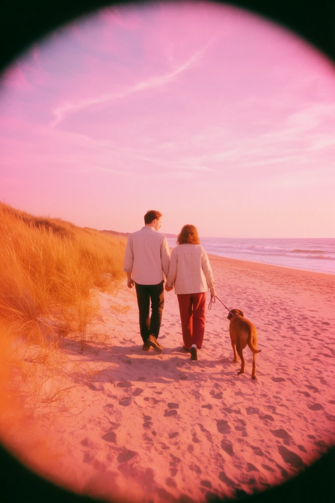 couple walking a dog on a sandy beach viewed from behind, man and woman holding hands, man in light shirt, woman in light jacket and reddish pants, medium brown dog on a leash, footprints scattered in textured sand, tall golden coastal grass on left sand dune, ocean with gentle waves to the right, soft pastel sky with wispy clouds, heavy black circular vignette framing the entire scene, striking pink and magenta color grading, warm orange sunlight, retro film photography aesthetic, vintage lens effect, soft focus, nostalgic romantic atmosphere