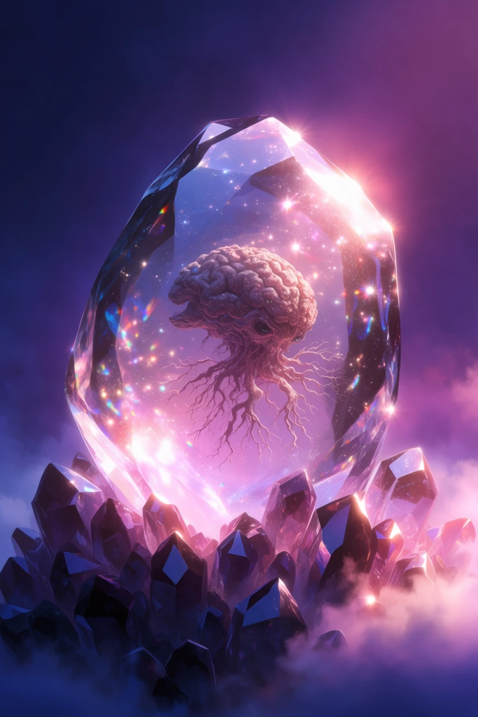 A massive, translucent crystal encasing a textured, brain-like creature with intricate, sprawling roots, resting atop a rugged bed of smaller, jagged crystals, rendered in a breathtaking, high-fidelity 2D anime environmental art style. The central crystal acts as a refractive lens bathed in an intense, radiant volumetric bloom, generating bright lens flares and glittering, iridescent specular sparkles across its glassy, mirror-like facets. A deeply atmospheric color palette dominates the scene, transitioning seamlessly from deep indigos and rich purples at the outer edges to vibrant, luminous magentas and soft warm pinks radiating from the luminous core. The smaller foundational crystals are cast as heavy, contrasting silhouettes with razor-sharp, luminescent edge highlights, partially enveloped by rolling, ethereal clouds of low-lying, glowing mist. The composition features pristine, painterly textures, dramatic high-contrast lighting, and a dreamy magical realism defined by explosive, soft-focus illumination and flawless, reflective surfaces.