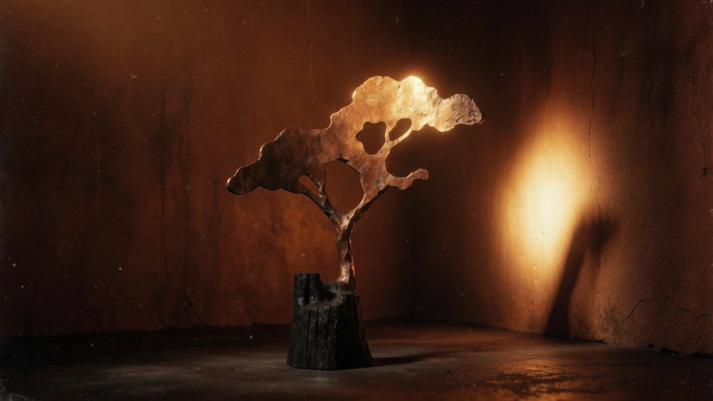 a stylized minimalist tree sculpture crafted from oxidized bronze and scorched timber, situated in a dark minimalist room, dramatic low-key chiaroscuro lighting from a single warm amber light source, heavy analog film grain with dense atmospheric dust, soft bloom on metallic highlights, deep monochromatic palette of burnt orange and sepia tones, weathered textures on walls and sculpture, mysterious ethereal mood, significant negative space, soft focus background