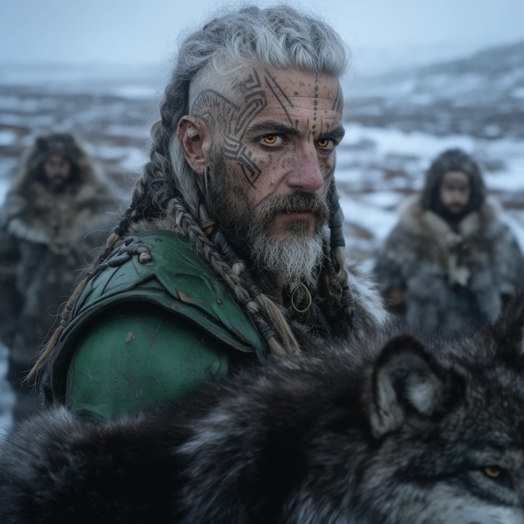 off-center close-up of a grizzled male warrior with silver braids and facial tattoos, intense amber eyes, wearing green leather armor, foreground partially blocked by heavy dark wolf furs, out-of-focus background figures in similar furs standing in a snowy tundra, overcast blue lighting, shallow depth of field, cinematic survival aesthetic, gritty texture