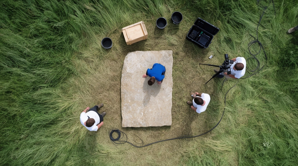 top-down aerial view, large rectangular flagstone slab centered in a clearing of trampled green grass, person in a blue shirt kneeling on the stone, three crew members in white shirts stationed around the perimeter, one operating a tripod camera, open black equipment case, wooden crate, scattered buckets, black cable winding through tall wild grass, natural daylight, documentary production setup
