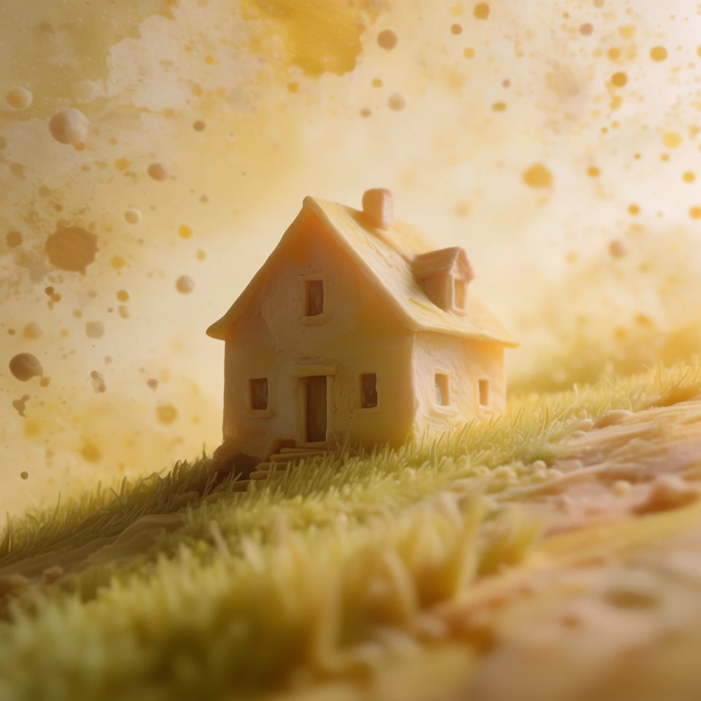 A two-story house with a pitched roof rests on a grassy hill, rendered as a tactile miniature diorama. The central house sits atop the sloped terrain, bordered by a foreground of sculpted grass. Textured splatters and dimensional spots fill the surrounding sky and ground. The composition utilizes extreme macro photography with a very shallow depth of field, heavily blurring the background. A monochromatic warm color palette of pale yellows, creams, and ochres dominates the scene. Soft, diffused lighting creates a glowing effect with subsurface scattering. The overall aesthetic mimics hand-sculpted polymer clay featuring porous, organic textures.