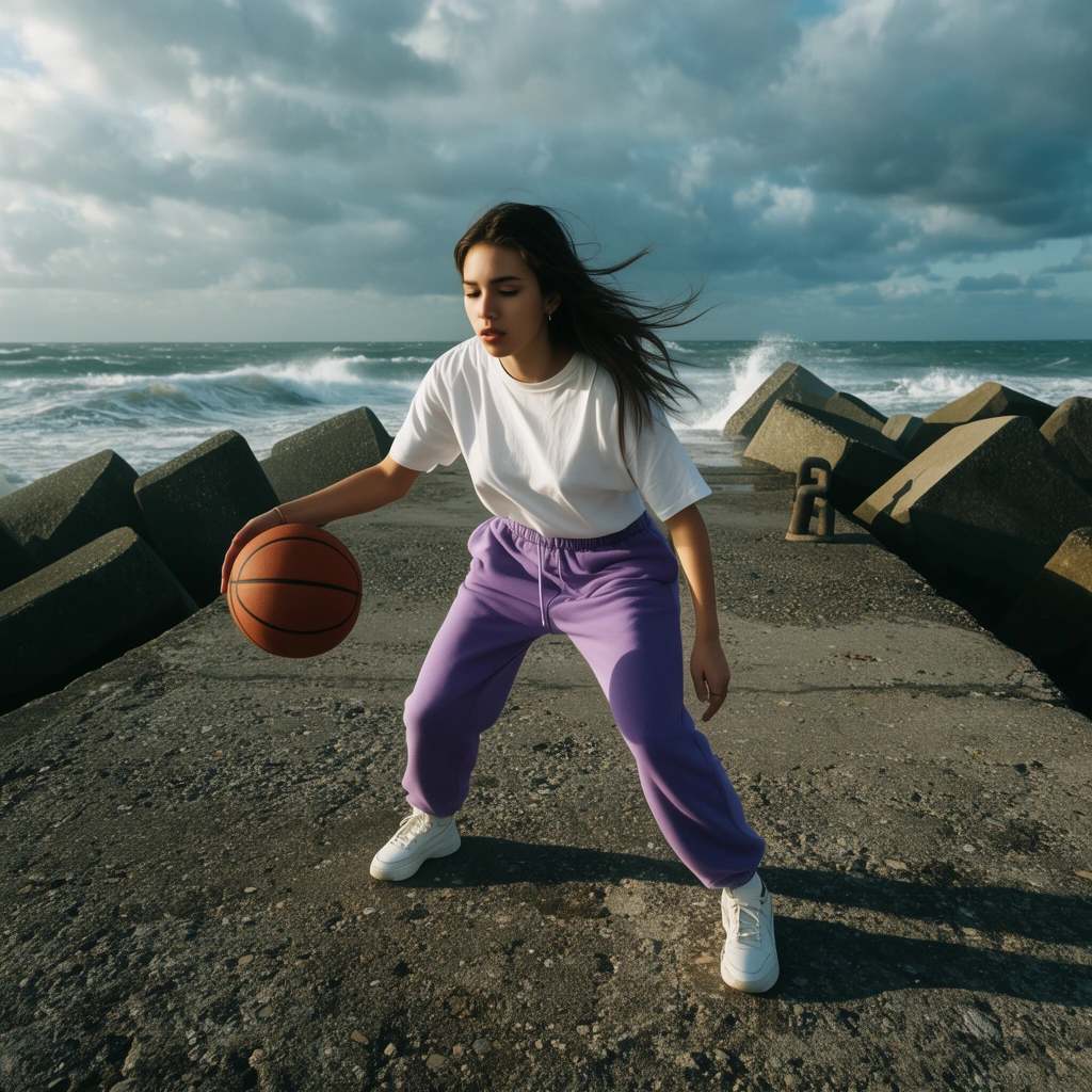 young woman dribbling a basketball on a rough concrete pier, athletic stance, white t-shirt, purple sweatpants, large breakwater blocks, choppy ocean waves, cloudy sky, long shadows, cinematic wide-angle photography