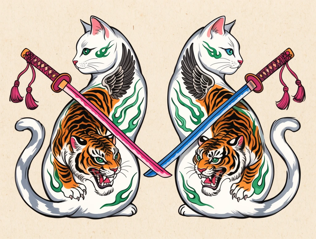 two stylized white cats sitting back to back in profile, intricate tiger and green flame tattoos on their bodies, crossed pink and blue katana swords with tassels, decorative wings, curved tails, Japanese Irezumi tattoo art style, textured beige paper background