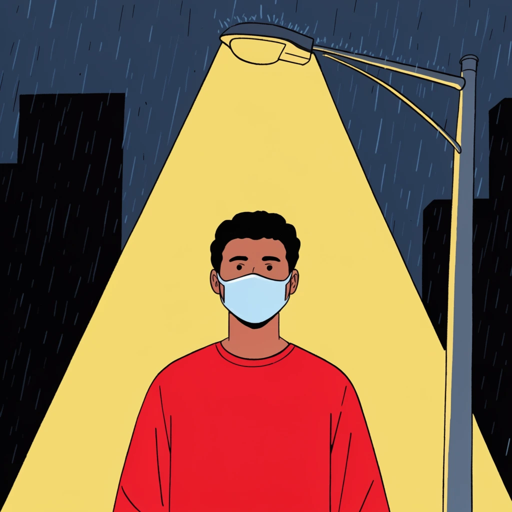 2D comic illustration, person in face mask and red shirt standing under a streetlamp casting a yellow light cone, falling rain, dark urban background, flat colors