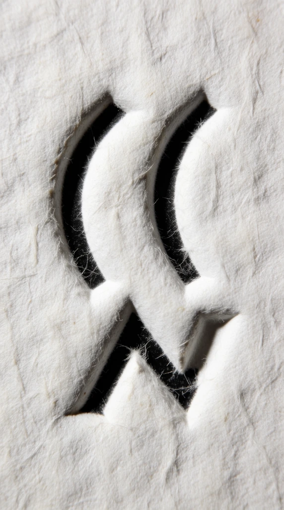 Deeply debossed, pitch-black curved and angular impressions stamped centrally into thick, coarse-grained off-white paper. Sharp inner shadows emphasize the tactile, fibrous texture under soft diffused lighting.