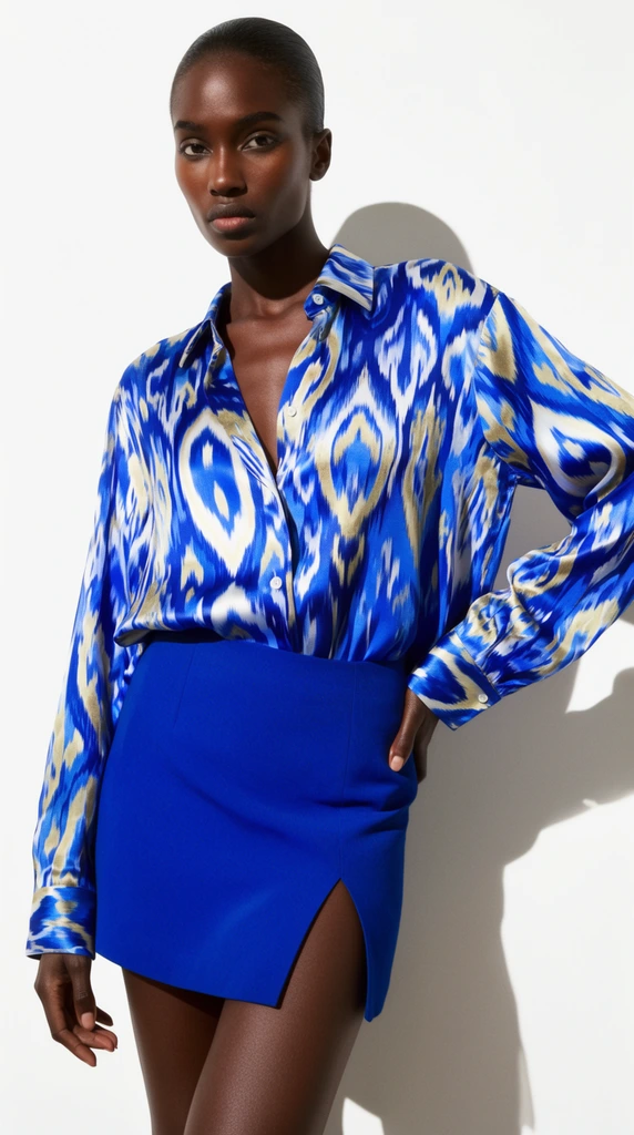 A dark-skinned woman with slicked-back hair poses in a vibrant silk shirt and a cobalt blue mini skirt against a stark white backdrop. The loose button-down shirt features a bold blue, white, and pale gold abstract ikat motif and is tucked into the high-slit skirt. She stands with her left hand resting on her hip, projecting a striking, neutral expression. Bright studio lighting casts a sharp shadow to her right, emphasizing the high-contrast fashion editorial aesthetic and saturated blue tones.