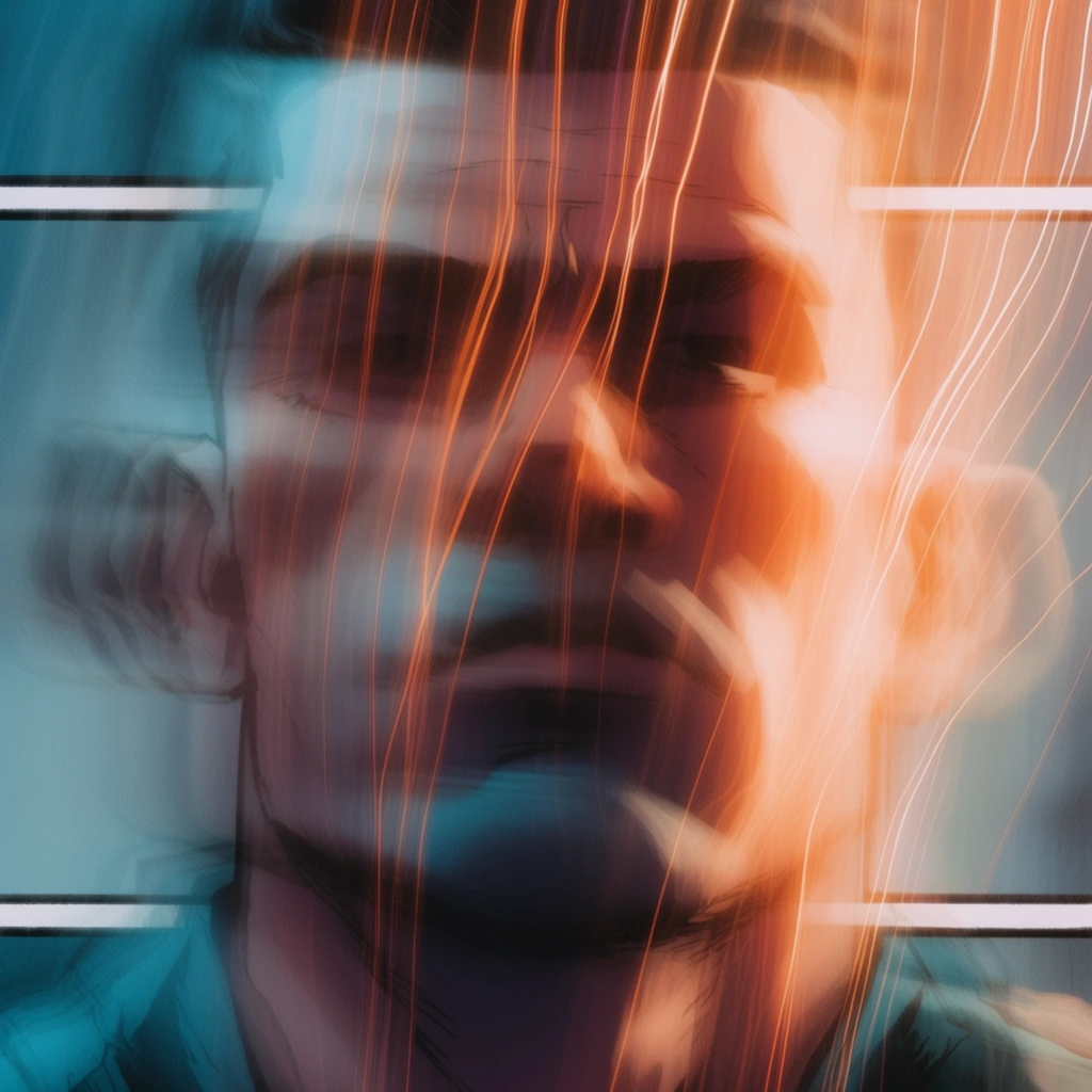 A comic page featuring a massive close-up of a man's face, completely submerged in an ethereal long-exposure motion blur aesthetic. The man's facial structure and the comic panel borders are heavily ghosted and smeared by a slow shutter drag effect, dissolving solid forms into abstract shapes. Luminous, undulating streaks of brilliant orange and warm amber light cascade vertically across the frame, generating a kinetic curtain of thin, vibrating lines over the subject. The deep shadows of the face and the surrounding background spaces are saturated in cool teal, cyan, and muted slate-blue hues, establishing a stark, cinematic teal-and-orange color grade. Atmospheric photographic grain and soft, blooming highlights further obscure the intricate details of the comic illustration, blending the subject and framing into a dreamy, fluid composition of trailing light.