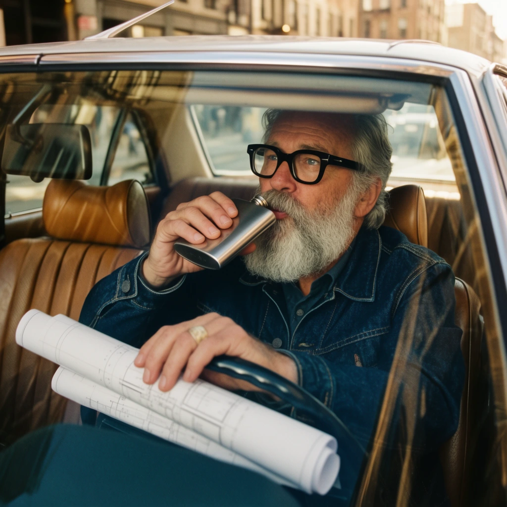 cinematic shot through car windshield, older man with full gray beard and thick black-rimmed glasses, dark blue denim jacket, drinking from silver flask, resting rolled blueprints on black steering wheel, vintage car interior, brown leather seats, warm daylight, glass reflections of urban street, shallow depth of field, 35mm film aesthetic, rich contrast