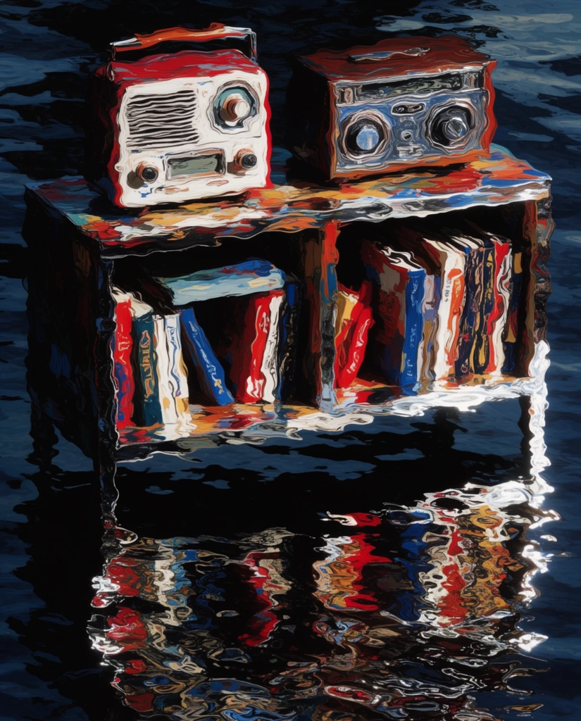 A heavily distorted, fluid reflection of a sideboard holding two radios and books, viewed entirely through the surface of dark, rippling water. The composition is warped by liquid interference patterns, fragmenting the solid geometric forms of the furniture and electronics into jagged, undulating vertical and horizontal striations. Deep, inky black shadows dominate the troughs of the waves, creating extreme high-contrast boundaries against intense, saturated flashes of color reflecting off the water's peaks. The rectangular body of the sideboard, the circular dials and grills of the two radios, and the flat spines of the books are stretched and compressed into abstract, impressionistic pools of stark white, crimson red, deep blue, and ochre. Hard, bright lighting illuminates the fluid crests, transforming the physical objects into a wavy, optical texture with the visual complexity of thick, wet impasto strokes. The scene presents the objects as shimmering, fragmented color fields suspended within a deep, highly textured aquatic mirror.