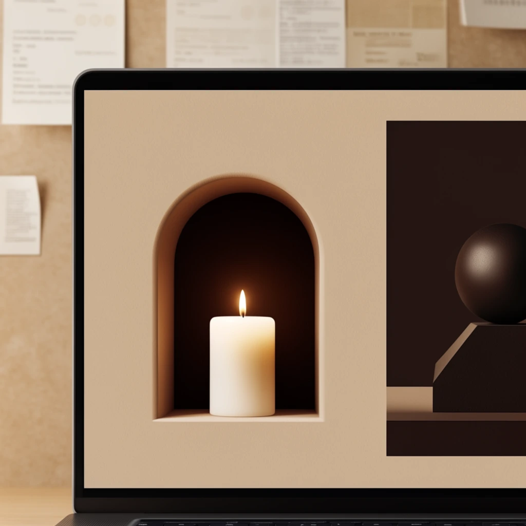 minimalist digital artwork on a laptop screen, glowing white pillar candle inside a dark arched niche, dark sphere resting on a dark geometric base within a contrasting dark rectangular panel, beige and dark brown color palette, earthy tones, warm lighting, abstract 3D render aesthetic, dark laptop bezel in the foreground, tan textured wall with overlapping pinned papers in the blurred background, precise composition, serene atmosphere