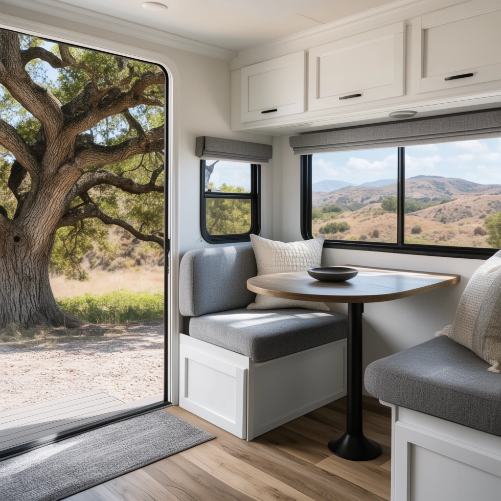 Modern bright RV interior, open patio door, large oak tree, white cabinetry, grey dinette, round table, wood flooring, scenic window view of dry hills, natural daylight