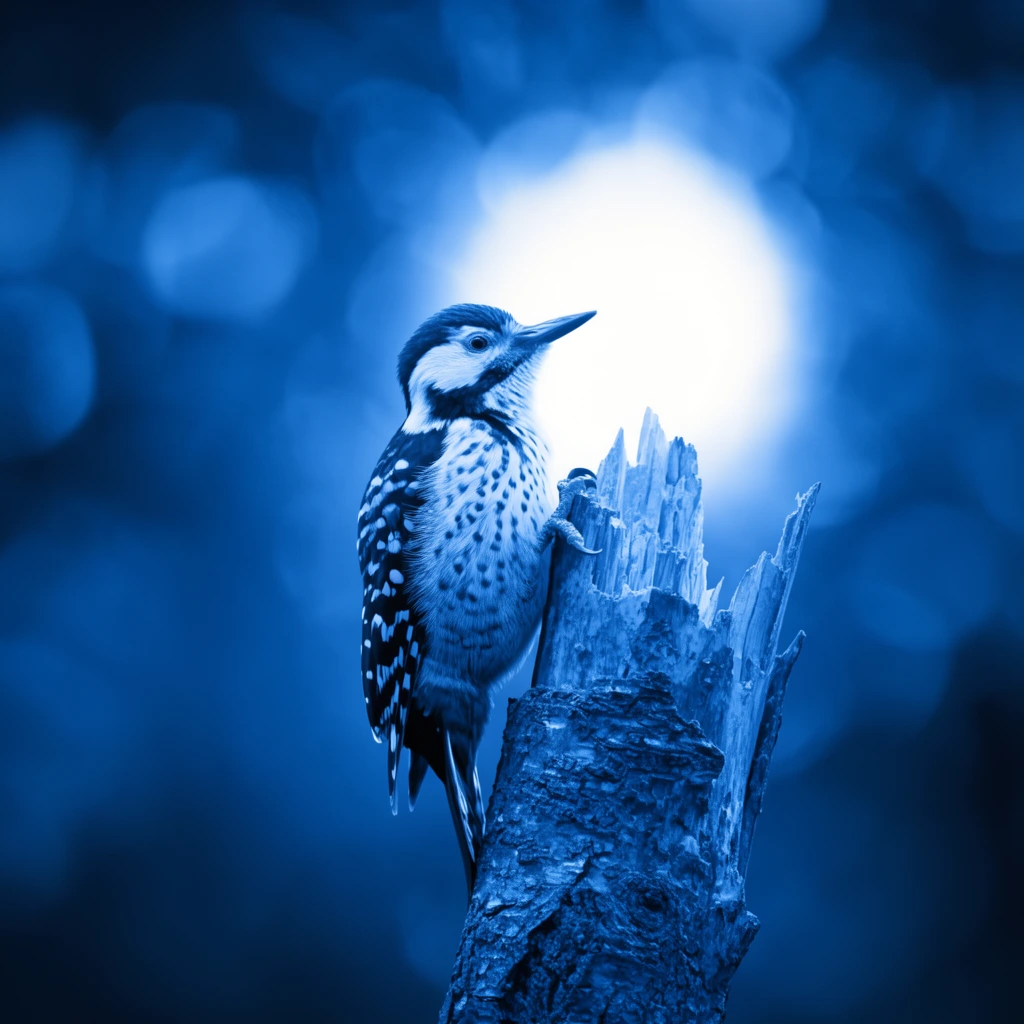A monochromatic blue photograph of a speckled woodpecker perched on a broken tree stump. A brilliant white halo of light radiates behind the bird's head. Deep blue blurred bokeh forms the background.