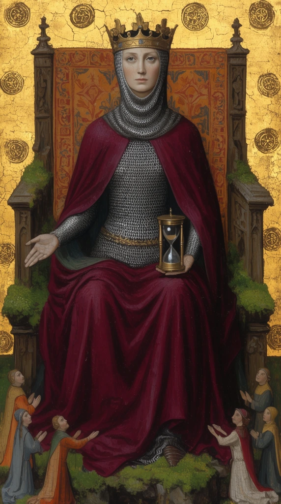 stoic queen on a carved wooden throne draped in moss, towering central figure in a deep crimson cloak over silver chainmail, holding a brass hourglass, right hand extended, tiny kneeling attendants at her feet, brilliant flat gold leaf background with stamped circular motifs, warm patterned tapestry, flat medieval altarpiece style, hieratic scale, cracked tempera texture, symmetrical composition
