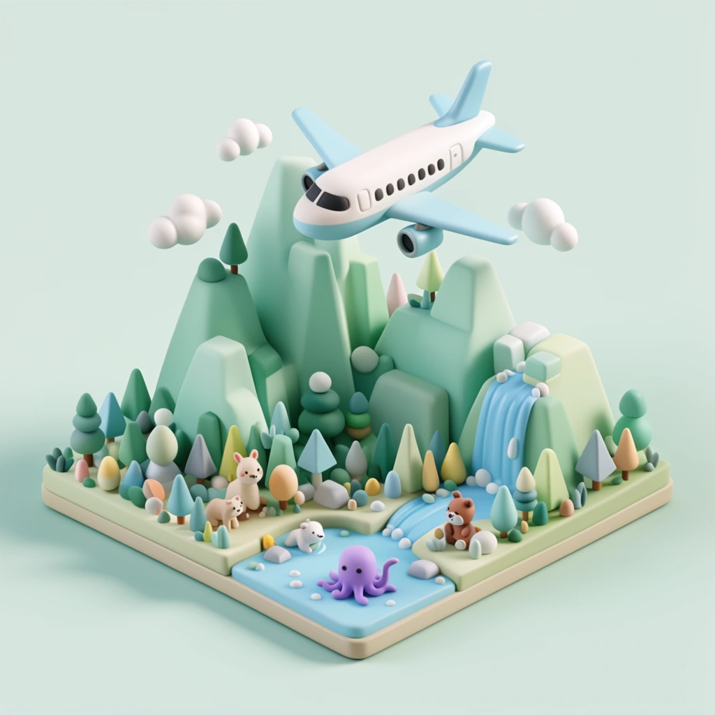 3D isometric diorama, airplane over stylized mint green mountains, waterfall, geometric pastel trees, tiny clay animals, purple octopus in a pool, fluffy clouds, matte clay render, soft lighting