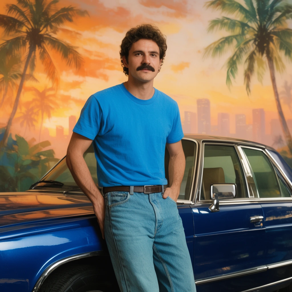 man with mustache in blue t-shirt leaning on deep blue vintage sedan, painted tropical sunset backdrop, palm trees, hazy skyline, retro 80s aesthetic